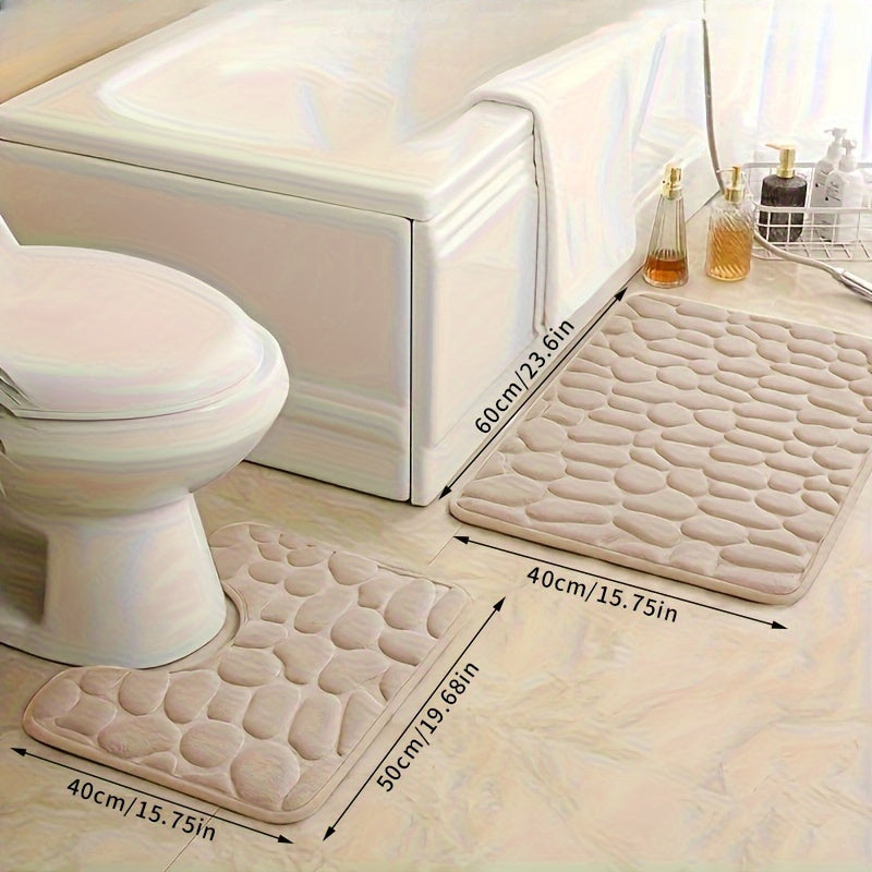 2-Piece Soft Bath Mat Set Non-Slip Quick-Dry Stone Embossed 40x60cm & 40x50cm