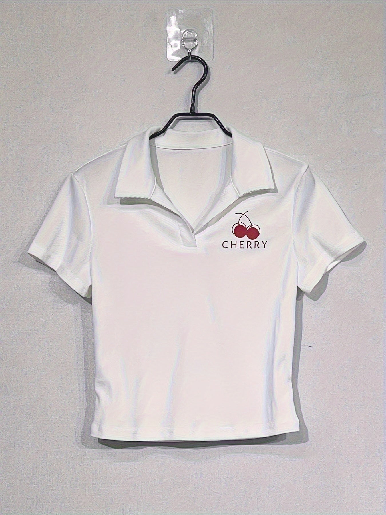 Women's Y2K White Cherry Print Top Short Sleeve Polyester Knit Spring Summer