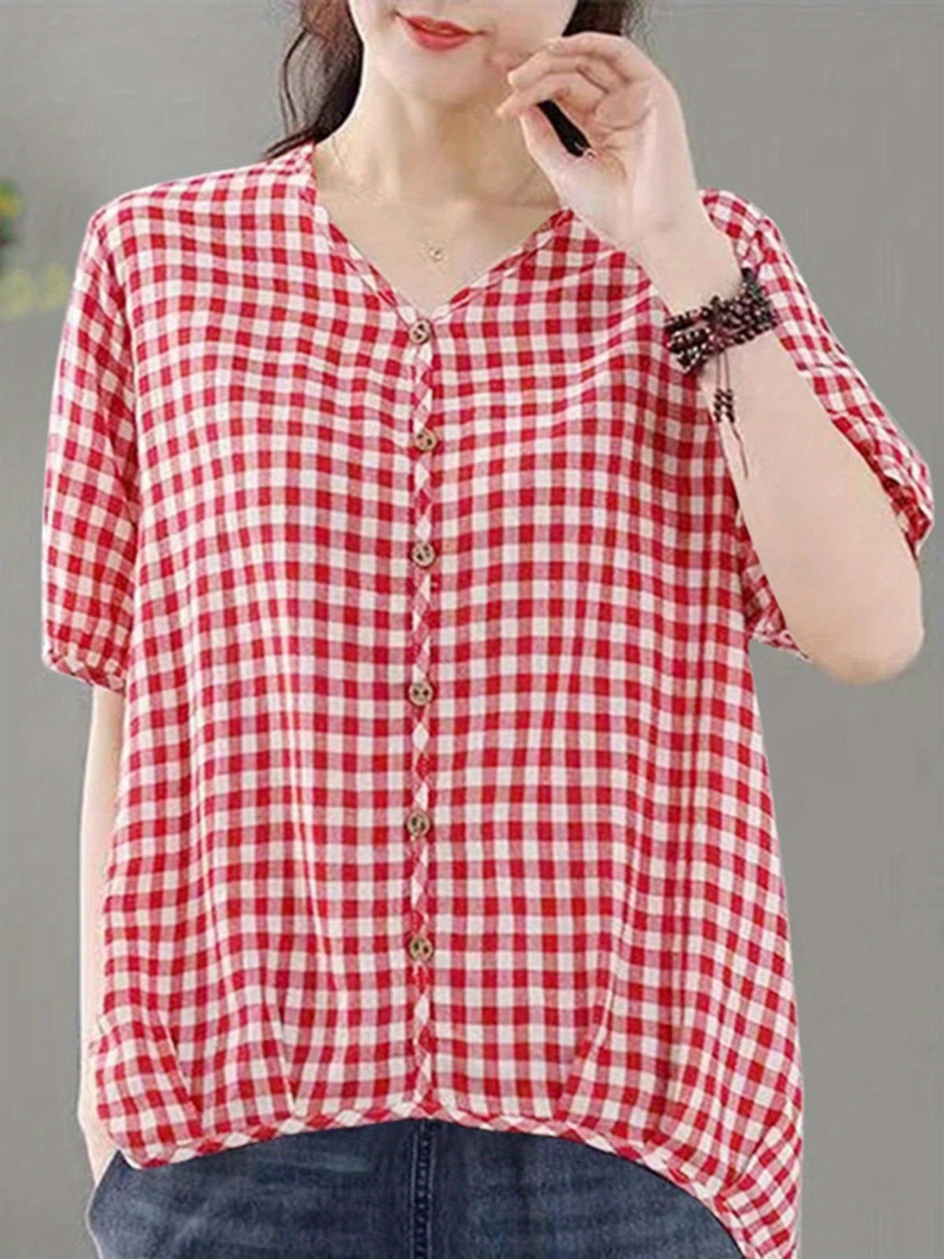 Plus Size Women's Checkered Print Short Sleeve Blouse Casual V Neck Top