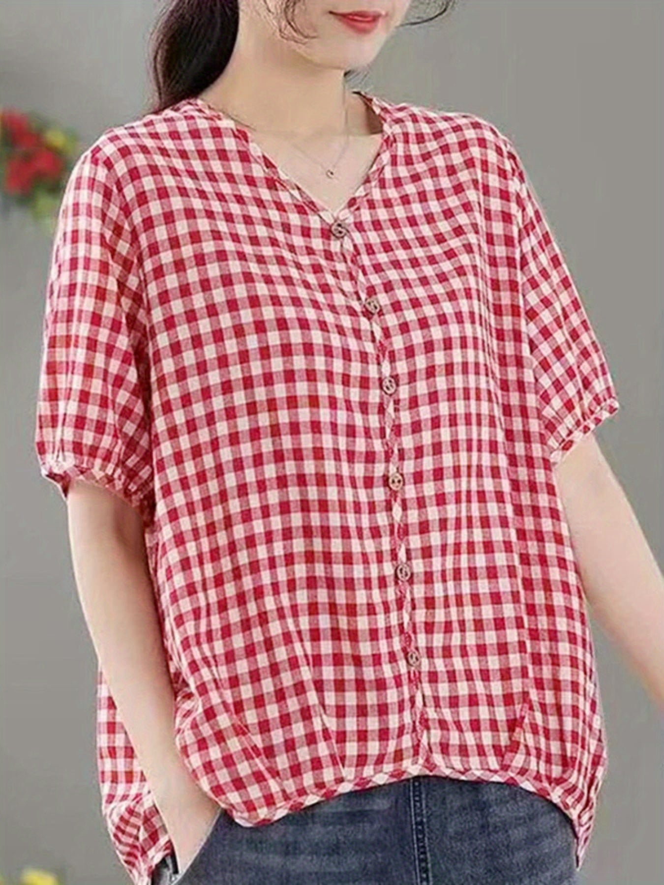 Plus Size Women's Checkered Print Short Sleeve Blouse Casual V Neck Top