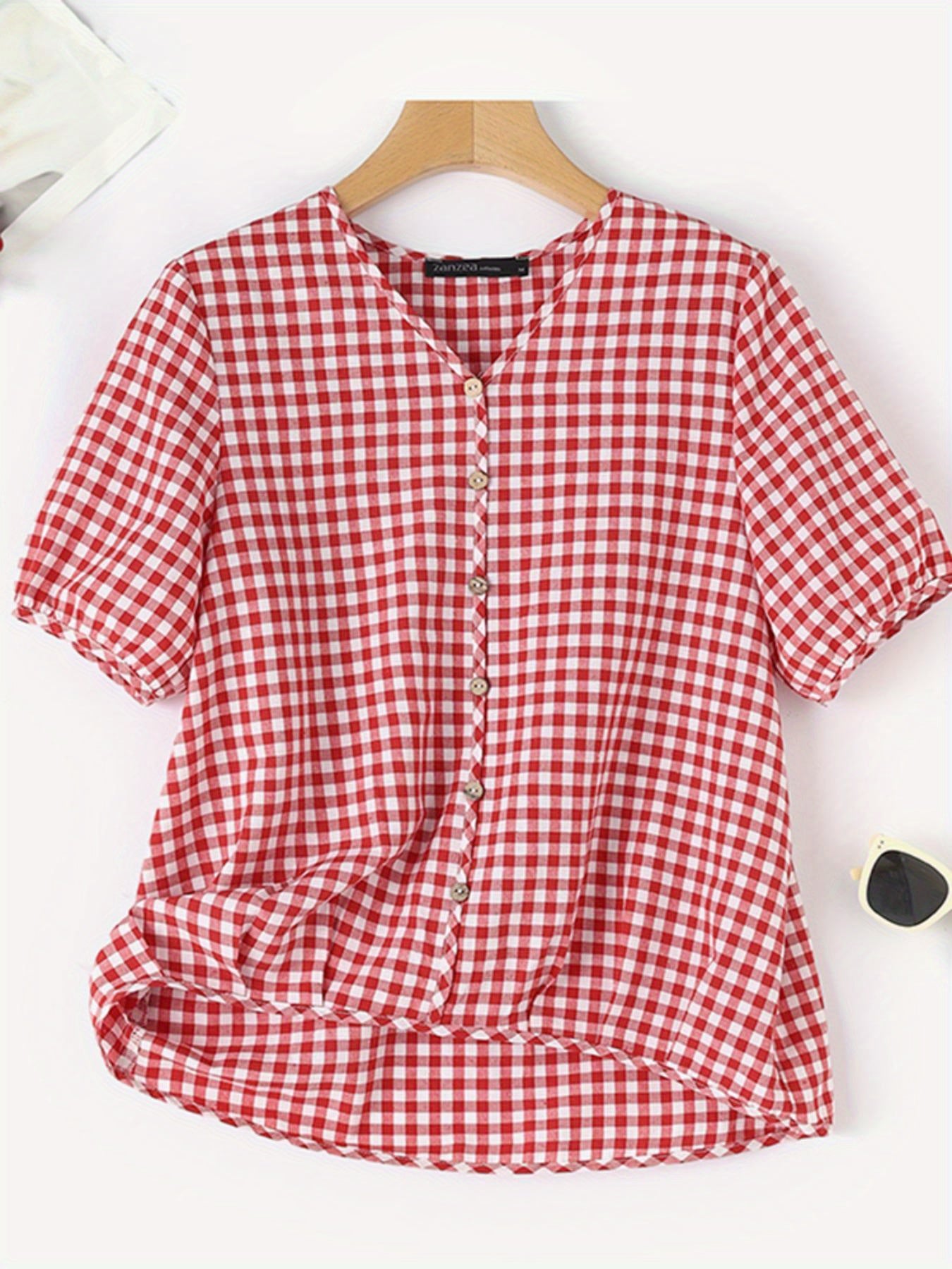 Plus Size Women's Checkered Print Short Sleeve Blouse Casual V Neck Top