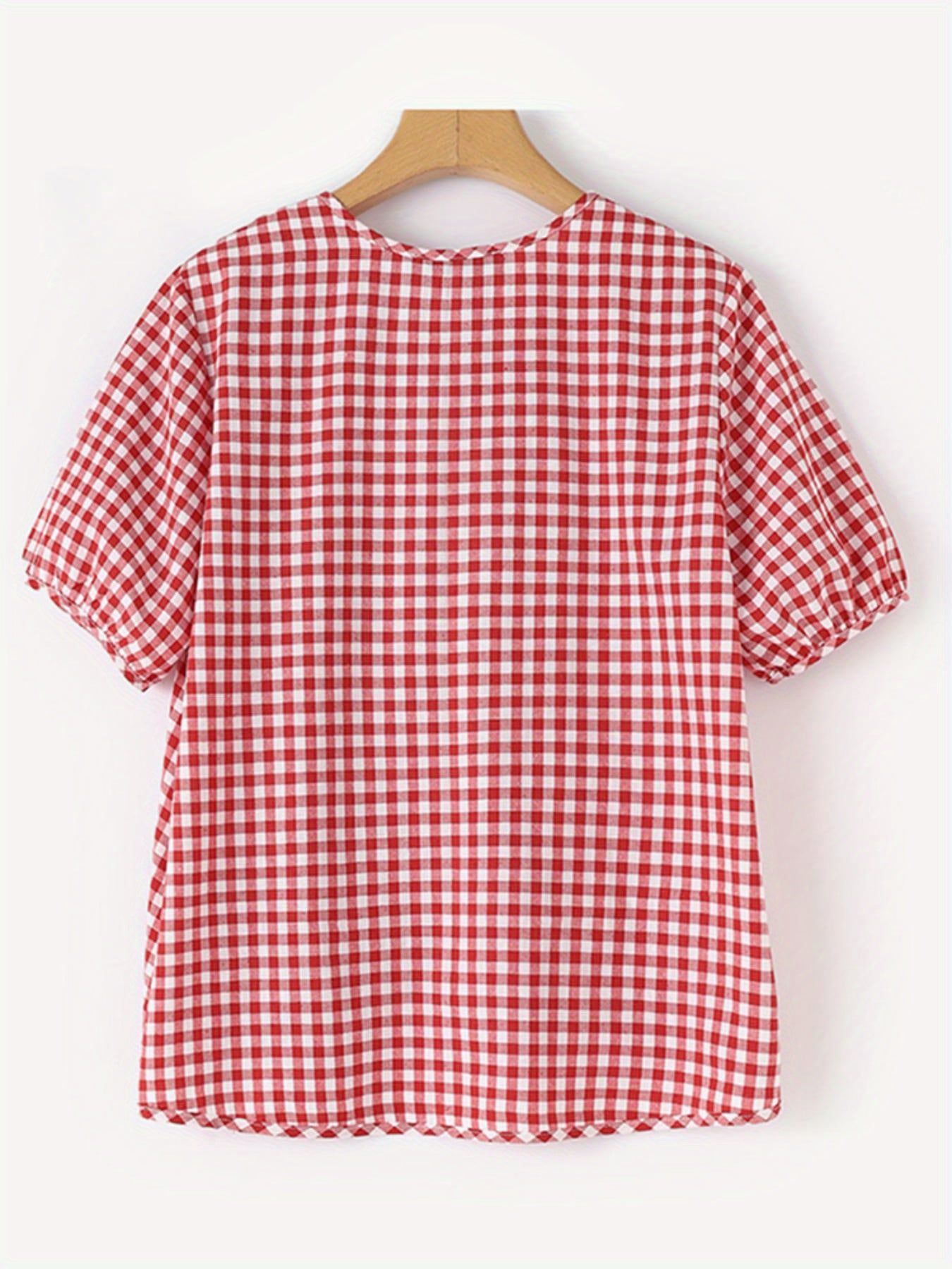 Plus Size Women's Checkered Print Short Sleeve Blouse Casual V Neck Top