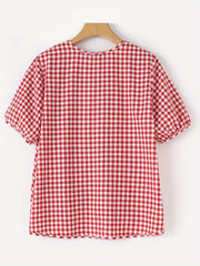 Plus Size Women's Checkered Print Short Sleeve Blouse Casual V Neck Top
