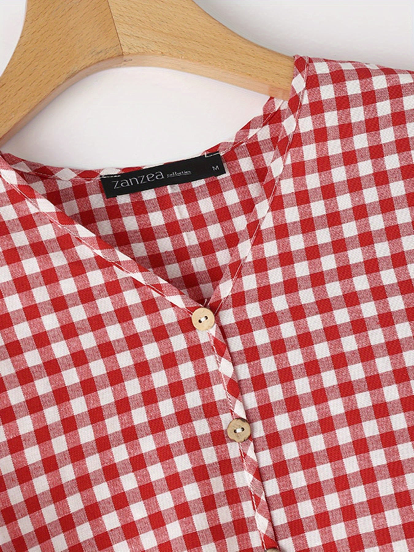 Plus Size Women's Checkered Print Short Sleeve Blouse Casual V Neck Top