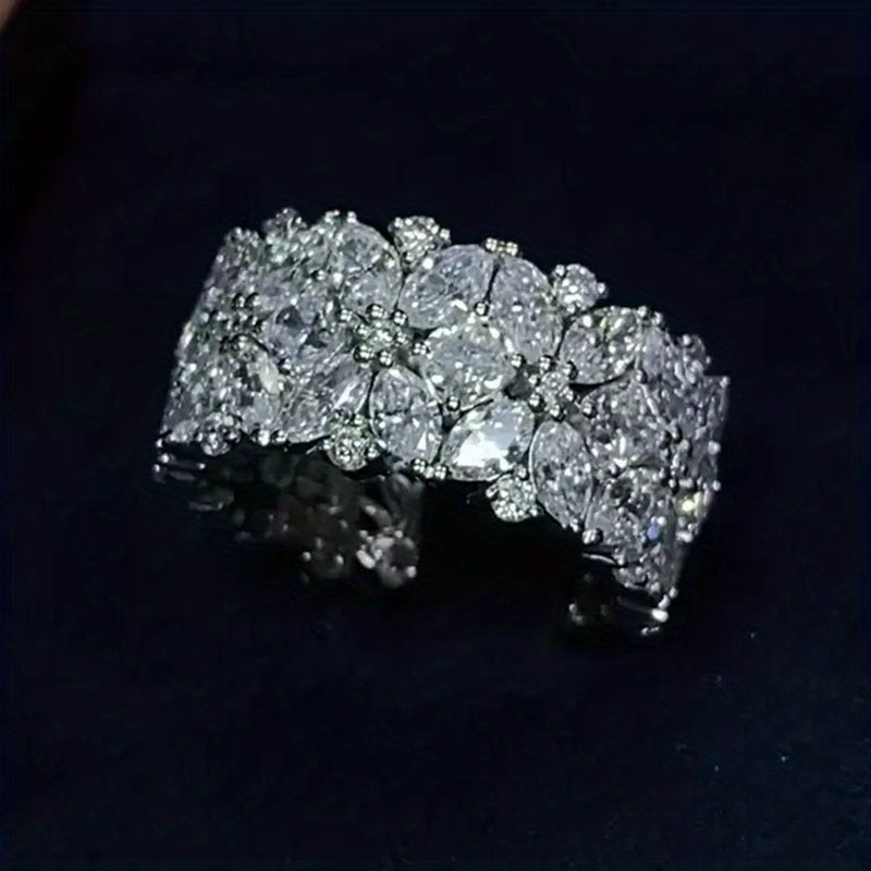 Women's Wide-Faced Ring with Micro-Set Zirconia Flower Design for Casual and Gift Use