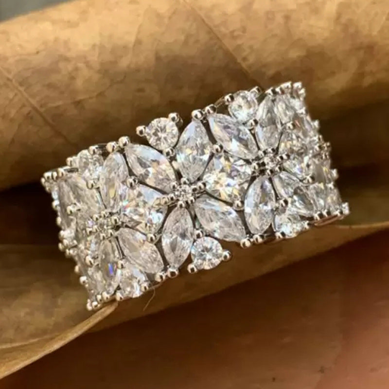 Women's Wide-Faced Ring with Micro-Set Zirconia Flower Design for Casual and Gift Use