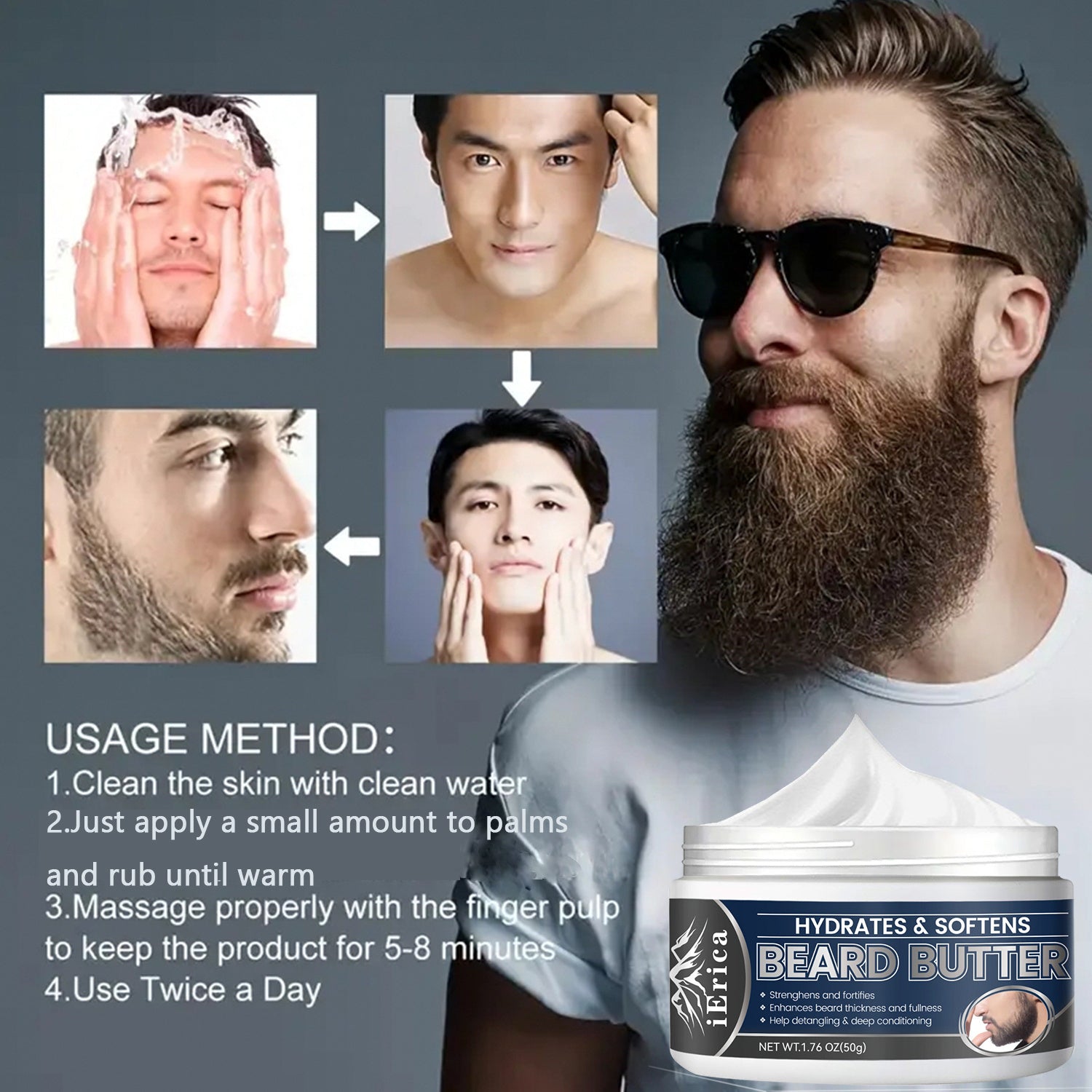 Crema de mantequilla para barba masculina 50g Acondicionador hidratante suaviza y hidrata