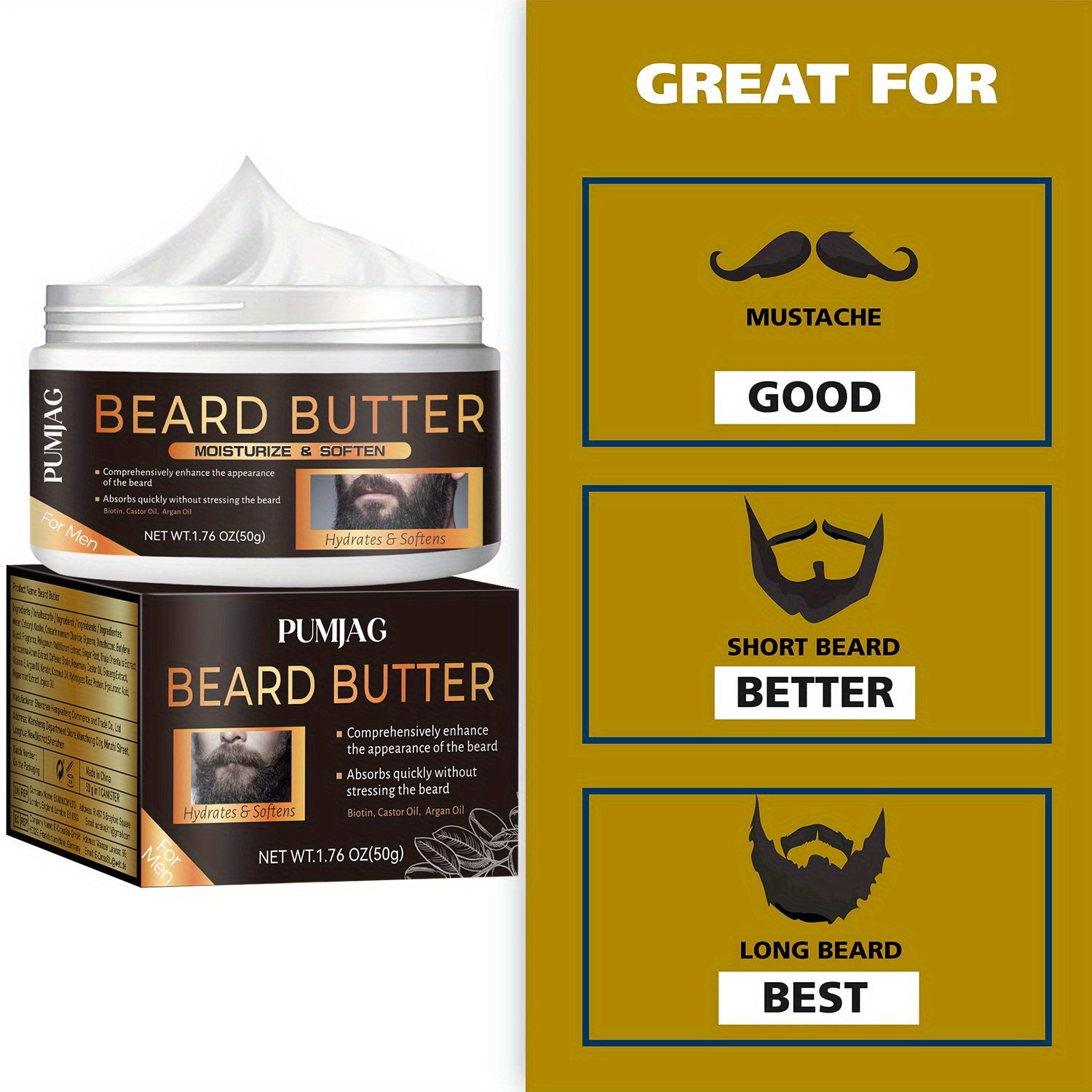 Mantequilla para barba para hombres, acondicionador hidratante y suavizante, 50g para barbas más llenas y fuertes