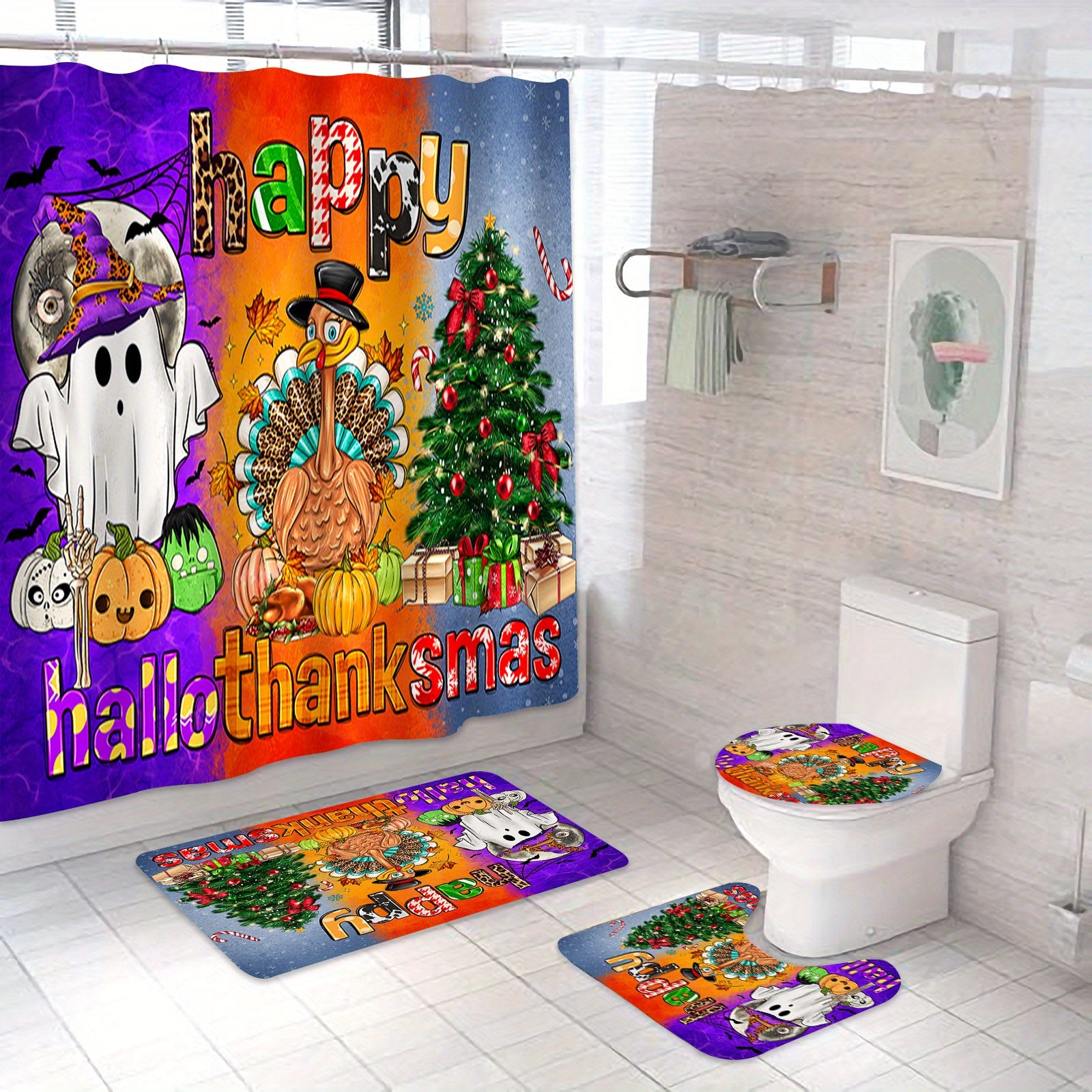 Halloween Bathroom Decor Set with Shower Curtain Rugs and Accessories Waterproof Polyester