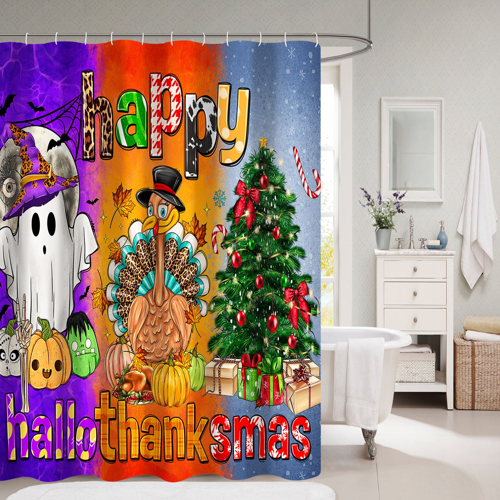 Happy Hallothanksmas hammom bezak to'plami suv o'tkazmaydigan polyester matodan tayyorlangan, multfilm ruhli hind tovuqi va yangi yil daraxti dizayniga ega dush pardasi, gilamlar va aksessuarlarni o'z ichiga oladi. To'plam 12 ta ilgichni o'z ichiga oladi.