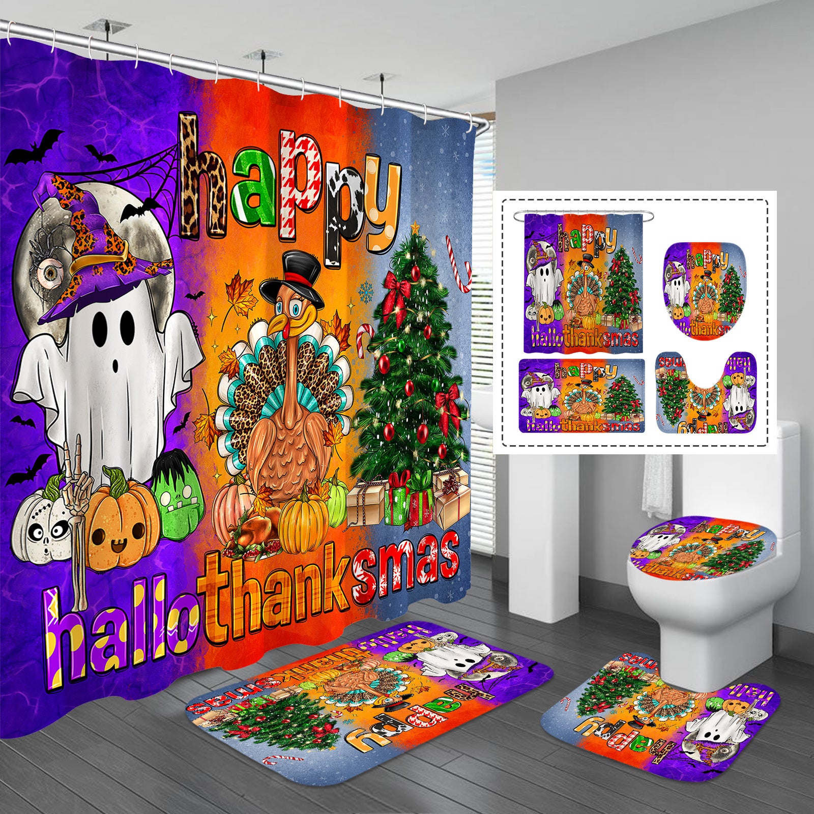 Halloween Bathroom Decor Set with Shower Curtain Rugs and Accessories Waterproof Polyester
