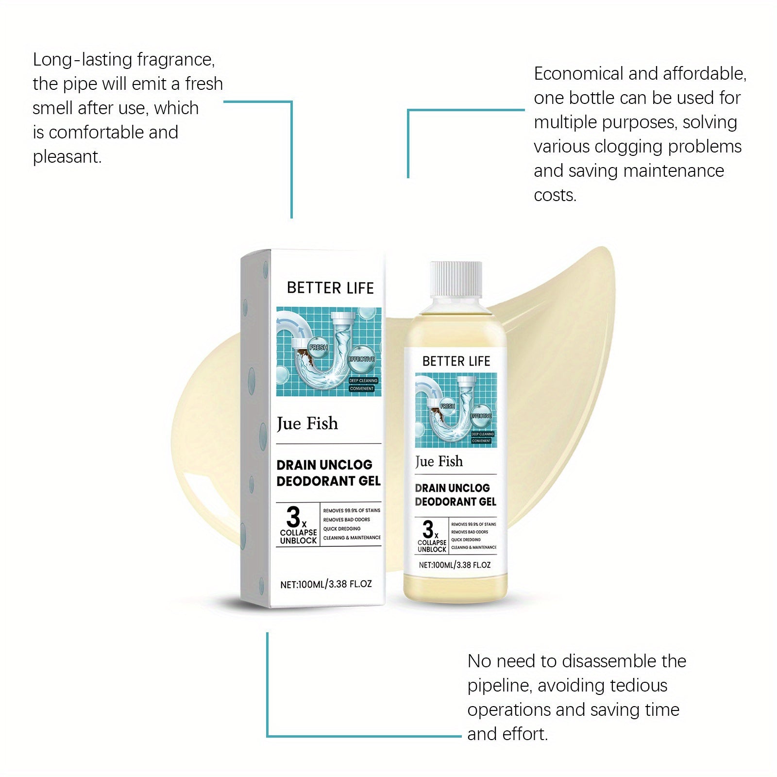 Oshxona va hammomdagi kanalizatsiya quvurlarini tozalash va hidni yo'qotish uchun gel, axlatni olib tashlaydi va yoqimsiz hidlarni yo'qotadi, 100mL hajmda mavjud.