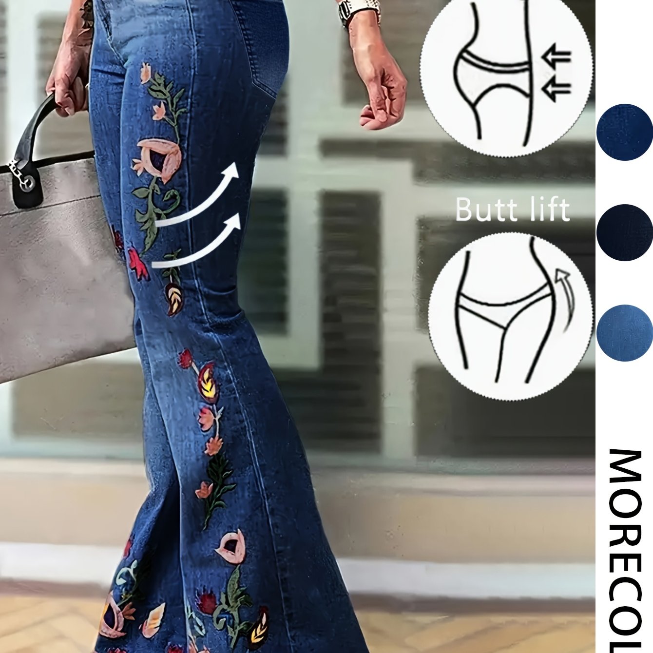 Jeans de campana de talla grande con bordado floral y pantalones vaqueros con control de abdomen