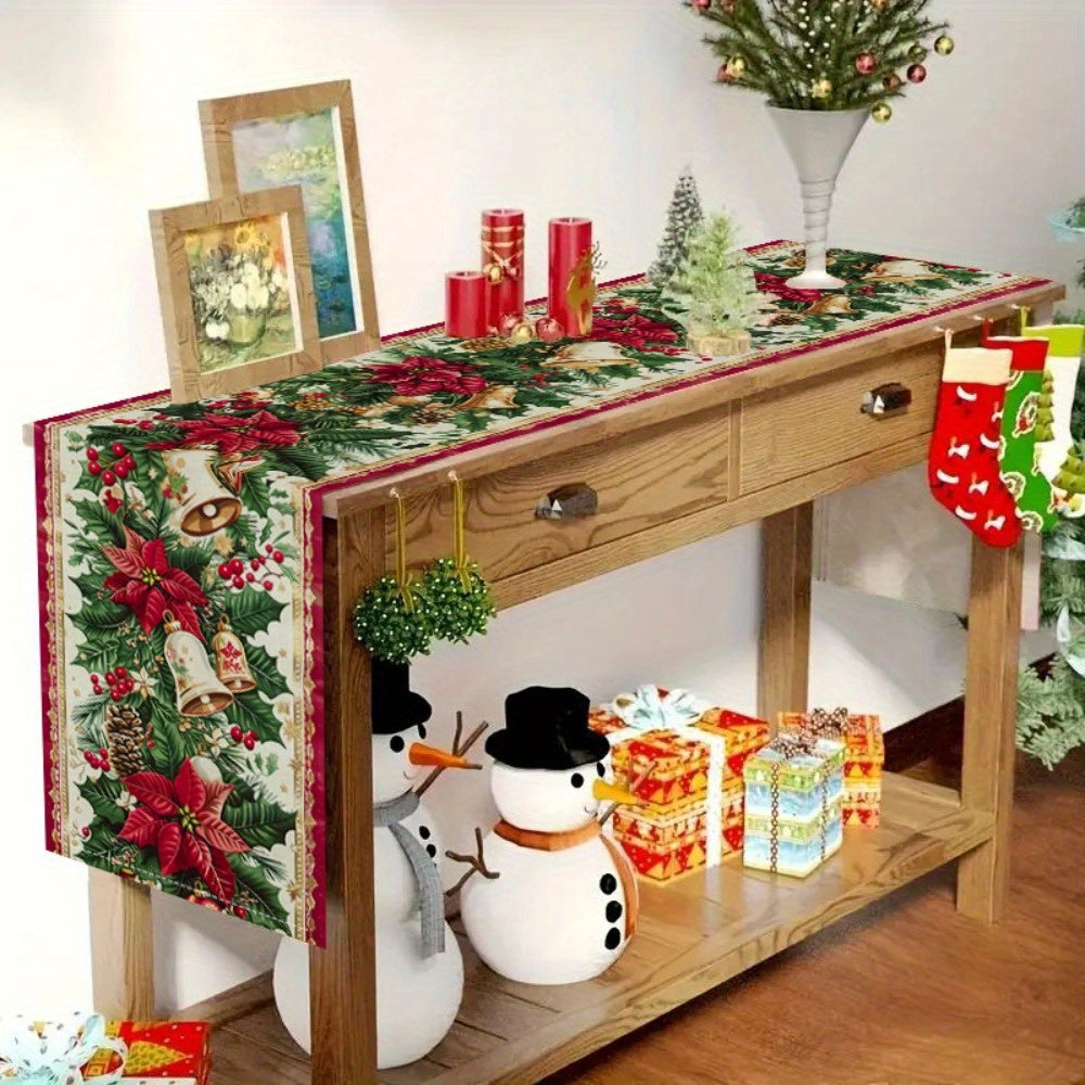 Polyester Woven Christmas Table Runner with Bells and Pine Branches for Festive Decor