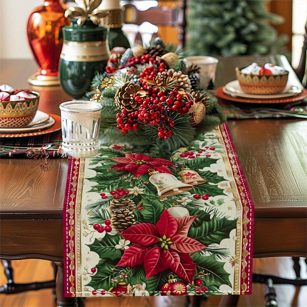 Polyester Woven Christmas Table Runner with Bells and Pine Branches for Festive Decor
