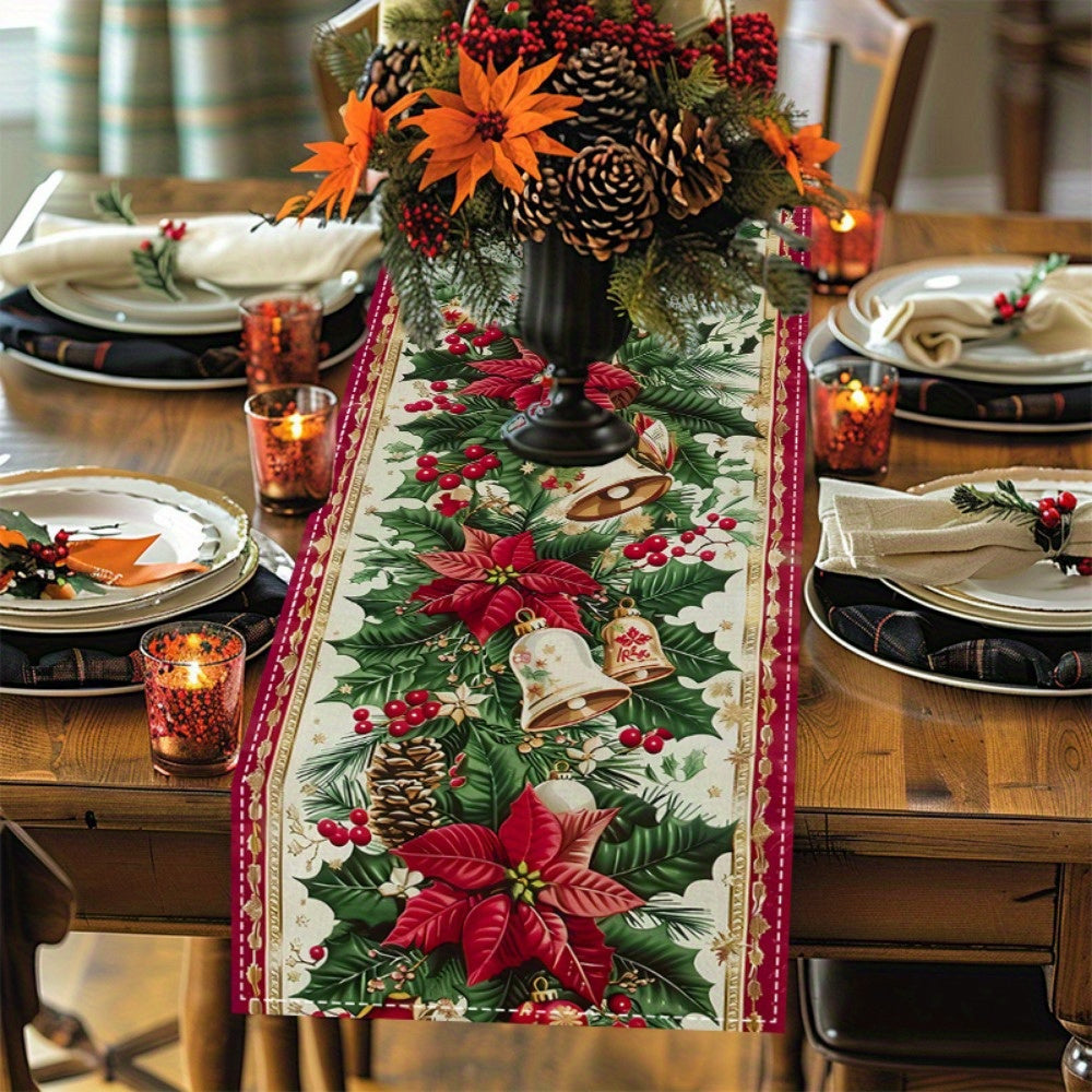 Polyester Woven Christmas Table Runner with Bells and Pine Branches for Festive Decor