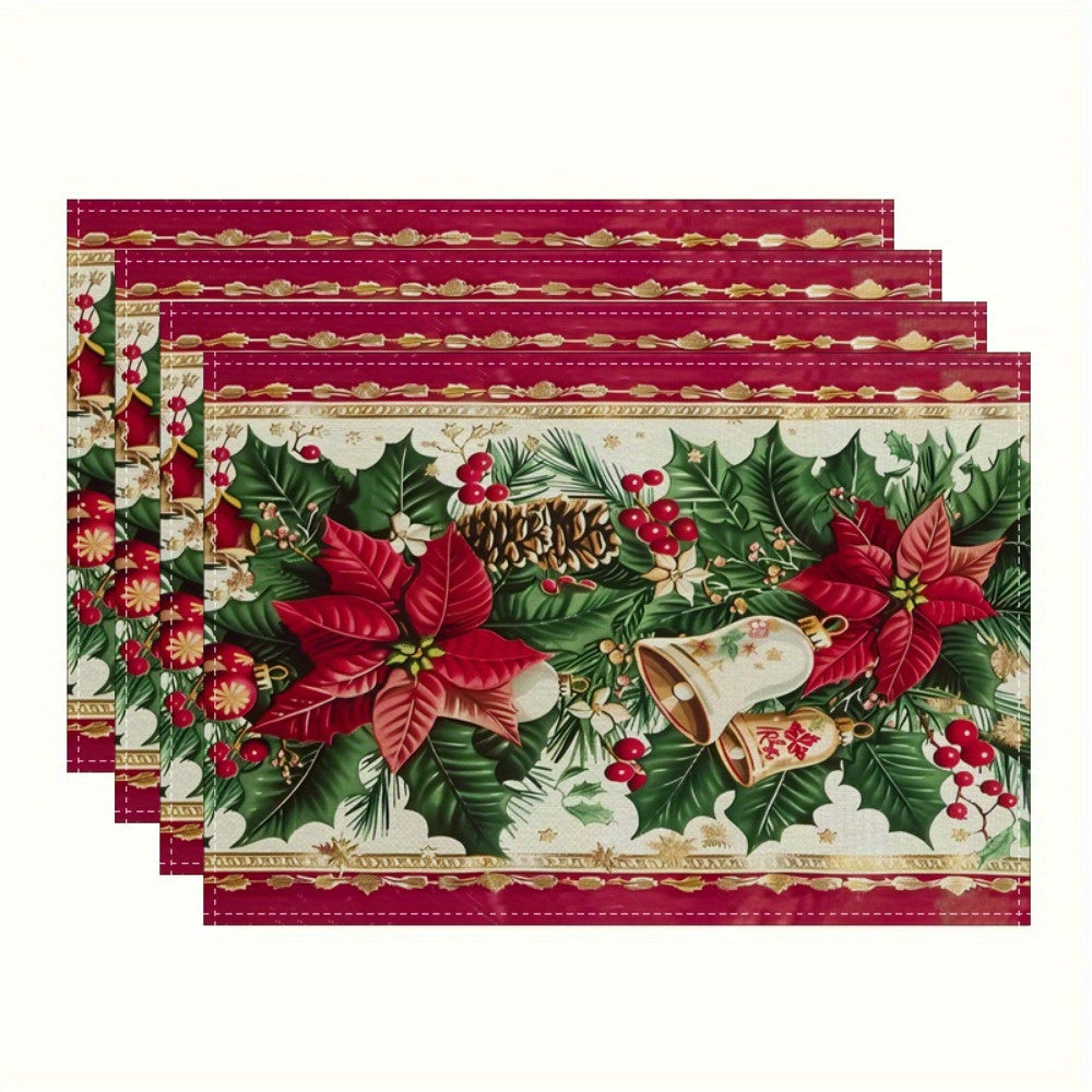 Polyester Woven Christmas Table Runner with Bells and Pine Branches for Festive Decor