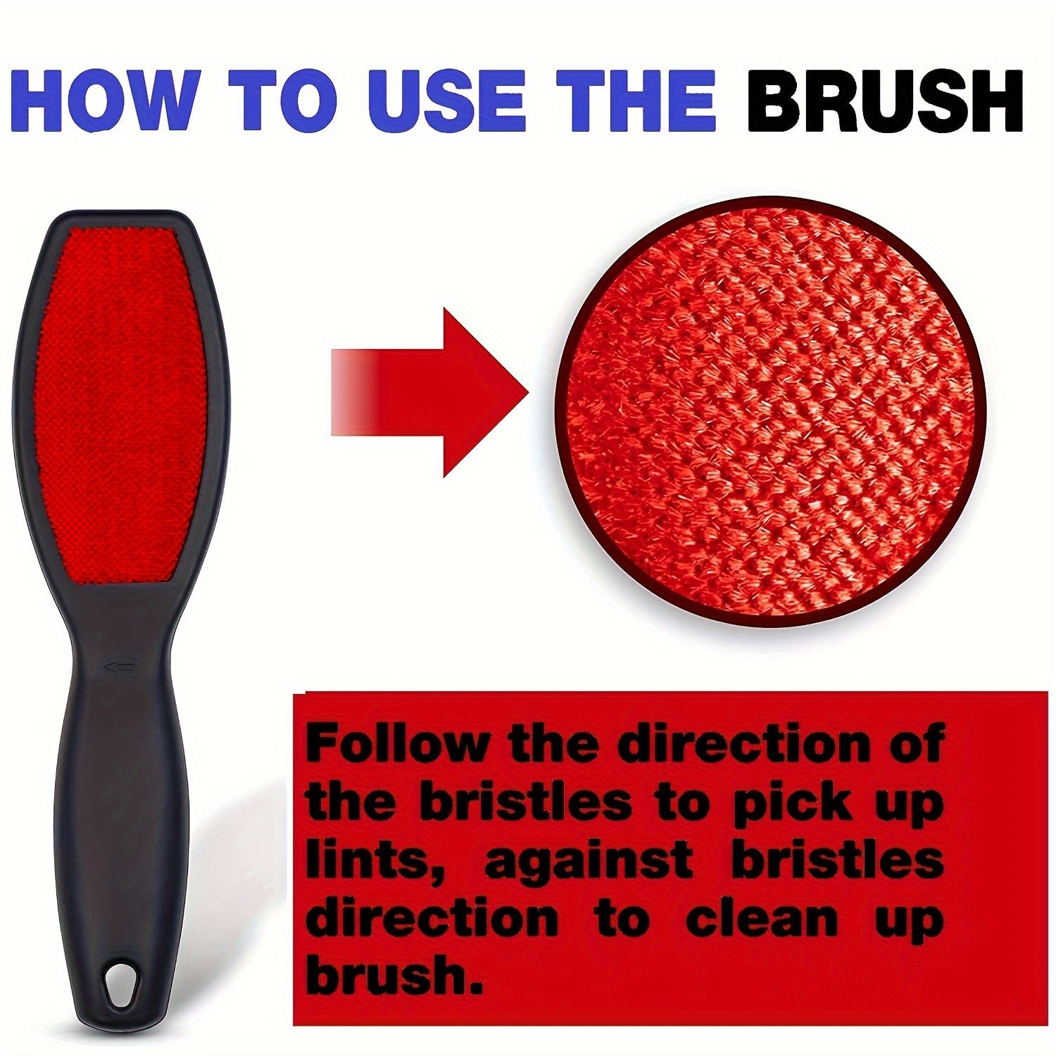 Qizil va qora rangdagi ikki tomonlama uy hayvonlari sochlarini olib tashlash uchun cho'tka, uyda va sayohatda foydalanish uchun. Kiymlarda, mebellarda, gilamlarda va RVlarda ishlatilishi mumkin. Qayta ishlatiladigan, mustahkam va foydalanish uchun oson.