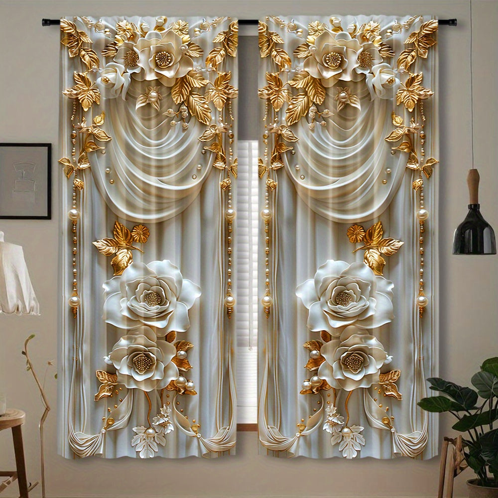 2-Piece Polyester Pongee Curtain Set with Embossed Yellow Flower Design for Bedroom
