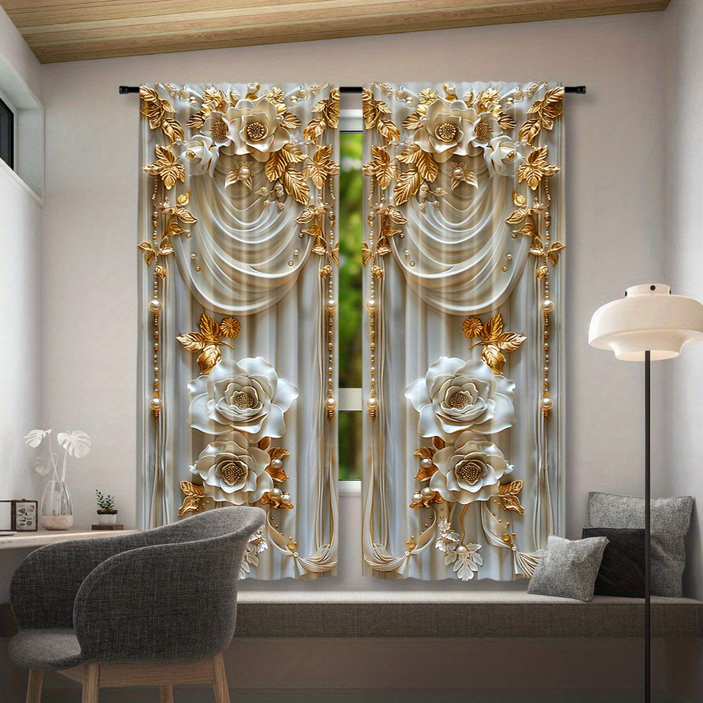 Yotoqxona uchun 2 ta polyester ponjey pardasi to'plami, bosilgan sariq gul naqsh bilan