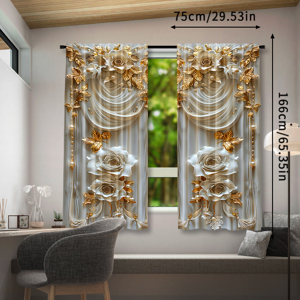 2-Piece Polyester Pongee Curtain Set with Embossed Yellow Flower Design for Bedroom