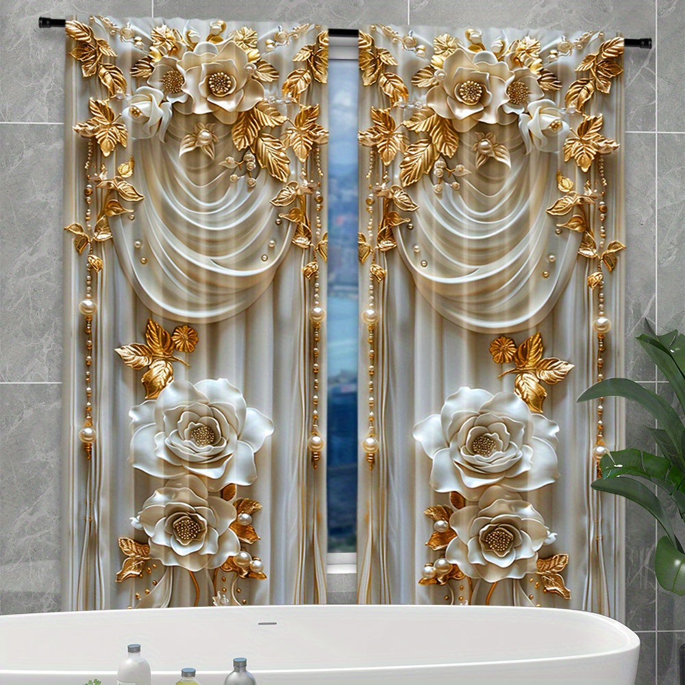 Yotoqxona uchun 2 ta polyester ponjey pardasi to'plami, bosilgan sariq gul naqsh bilan