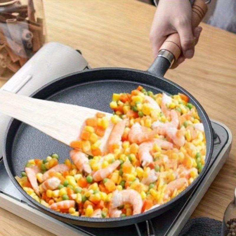 Cast Iron Non-Stick Pan with Wooden Handle for Pancakes Pizza and Steak