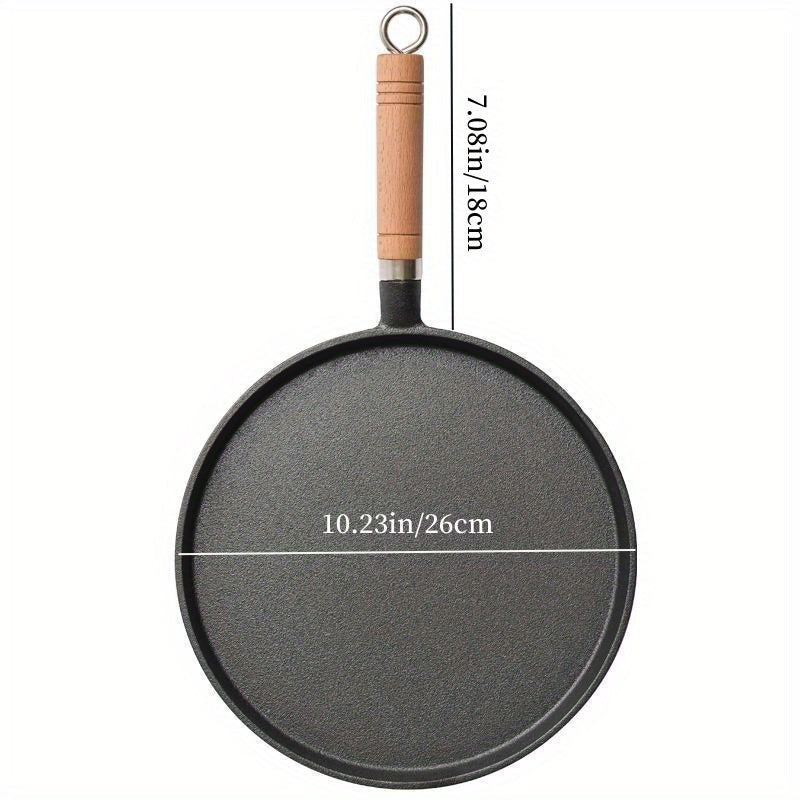 Cast Iron Non-Stick Pan with Wooden Handle for Pancakes Pizza and Steak