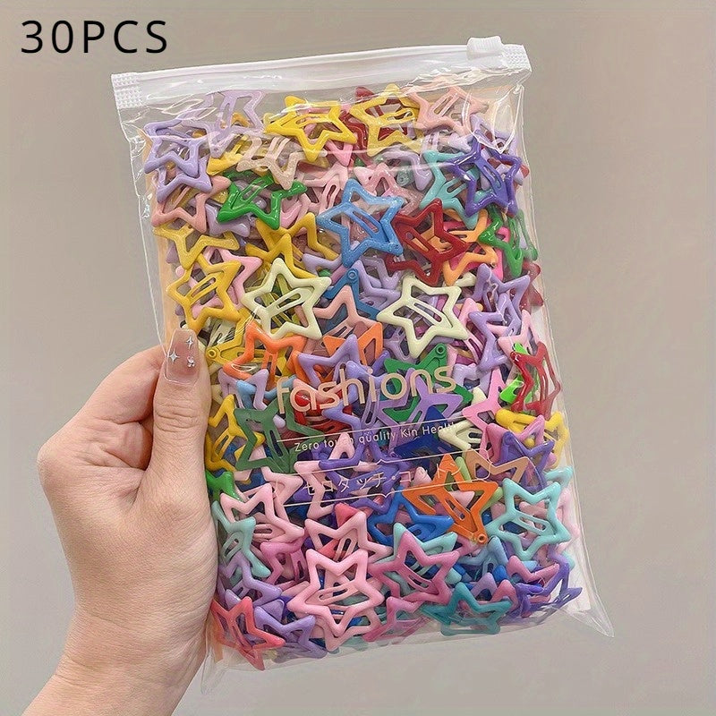 Set of 30 Colorful Star-Shaped Alloy Hair Clips for Girls
