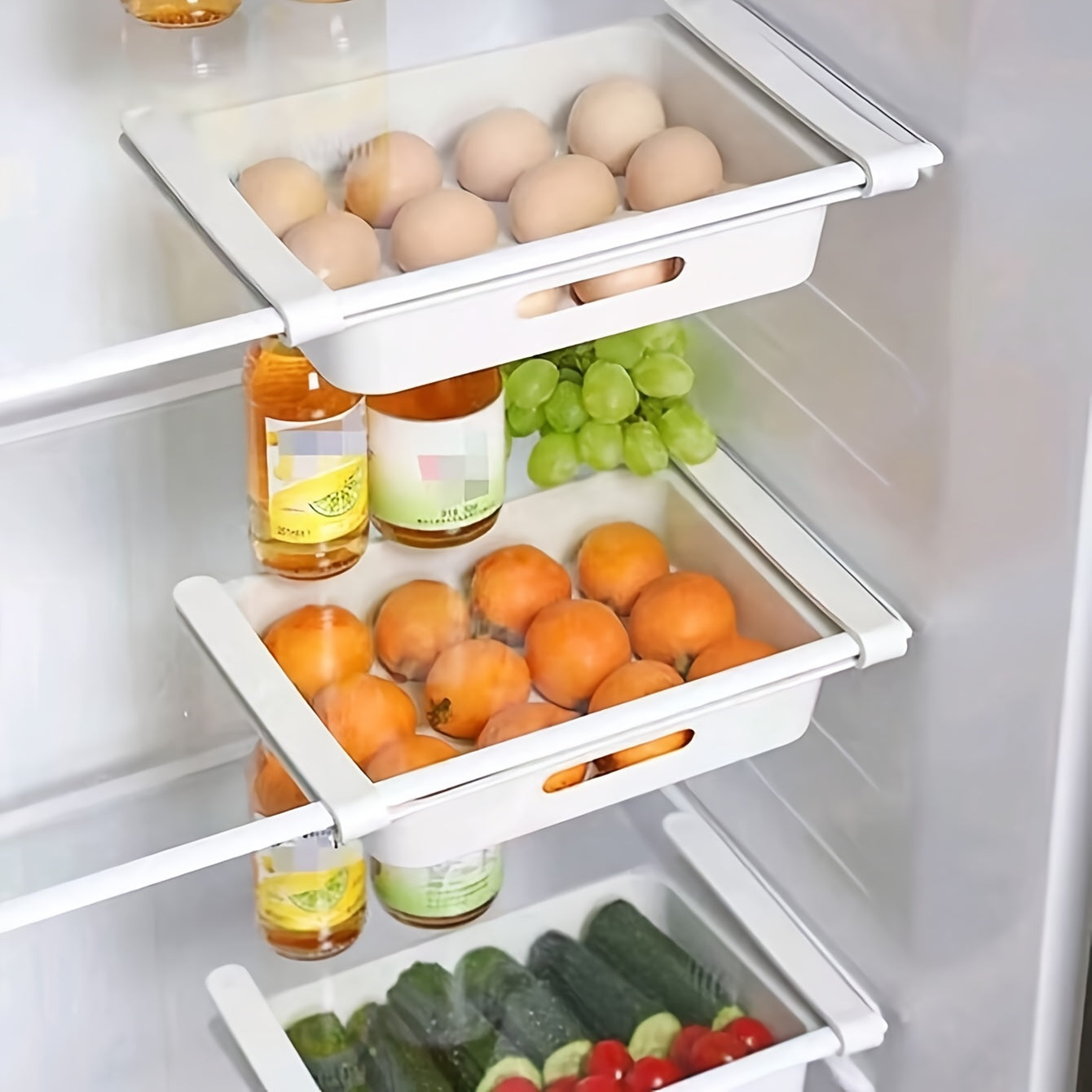 3-Pack Adjustable Plastic Refrigerator Storage Bins with 12-Grid Egg Holder for Fruit and Vegetable Organization