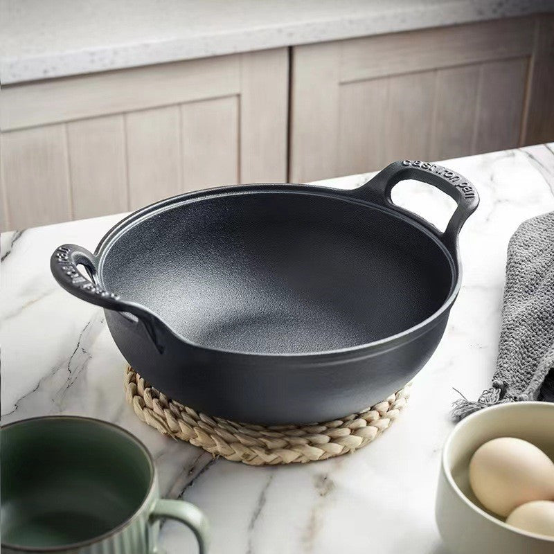 Cast Iron Soup Pot with Dual Handles, Durable Household Wok Fryer and Small Saucepan