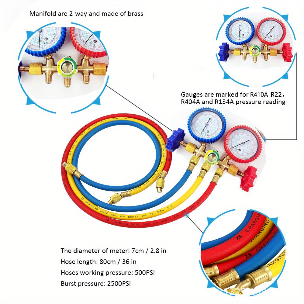Automotive Air Conditioning Refrigerant Gauge Set with Hose and Hook for R410A R22 R404A R134A