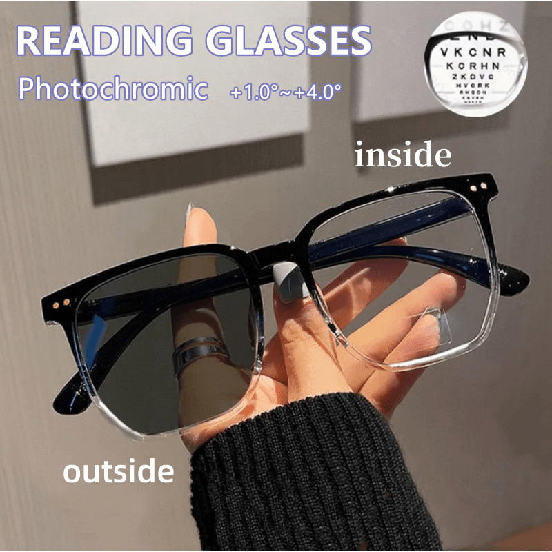Transitioning Photochromic Reading Glasses for Men and Women Square Large Frame Polycarbonate Lenses Adjustable Diopter