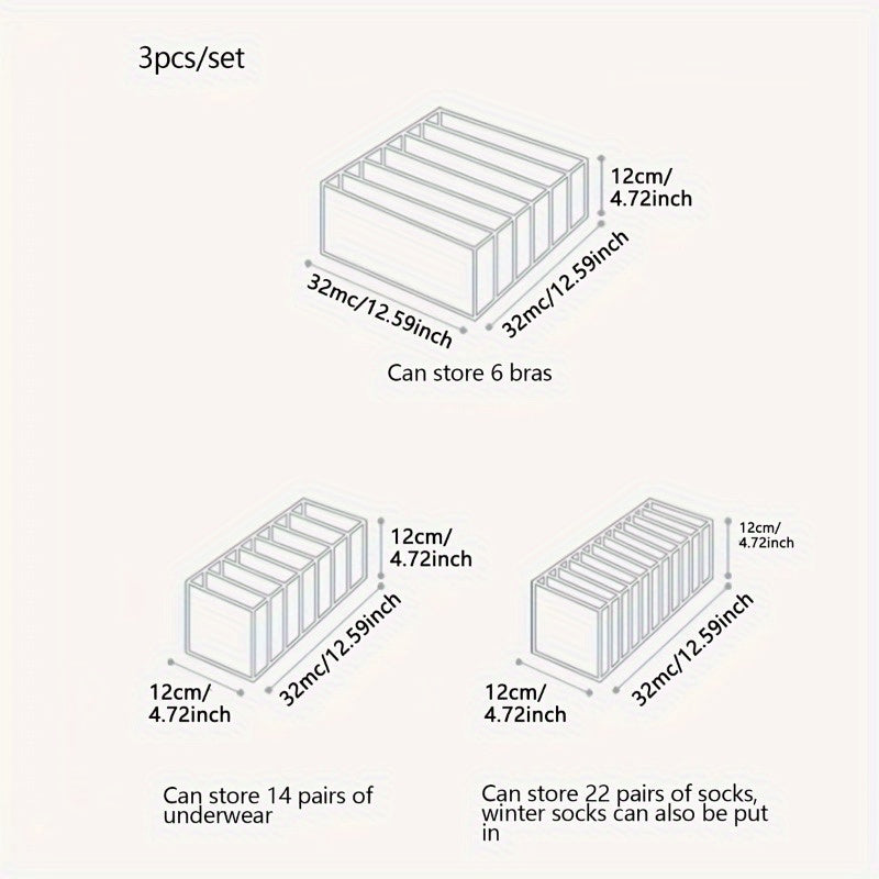 Juego de organizadores de cajones de tres piezas para ropa interior, calcetines y sujetadores, tela duradera, ahorro de espacio