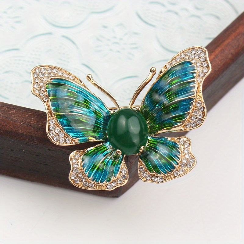 Green Butterfly Brooch with Rhinestones Hand-Painted Vintage-Inspired Lapel Pin for Dress and Suit Decor