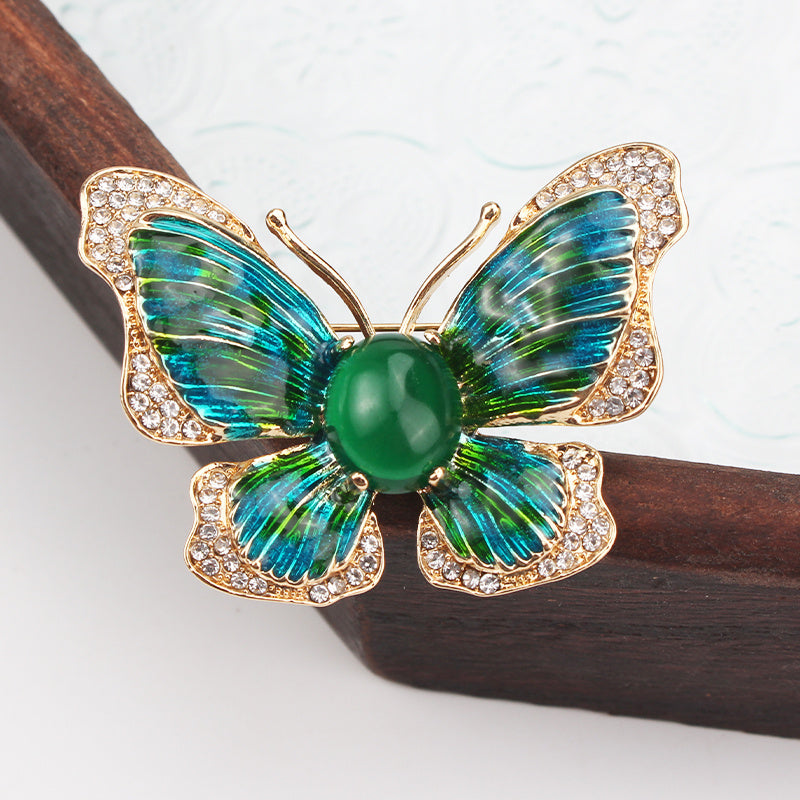 Green Butterfly Brooch with Rhinestones Hand-Painted Vintage-Inspired Lapel Pin for Dress and Suit Decor