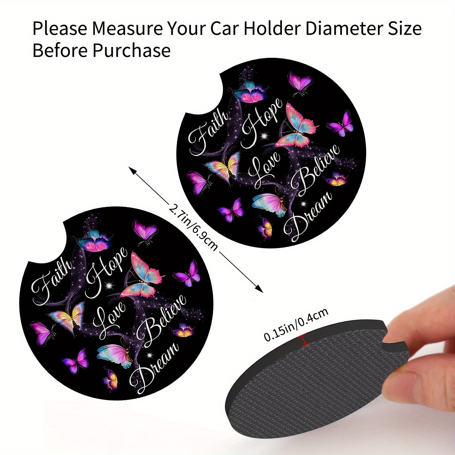 2 Pack Butterfly Car Coasters Absorbent Non-Slip Dry Cup Holders
