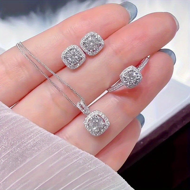 Elegant Square Cut Zirconia Jewelry Set Earrings Necklace Ring for Women Luxury Gift