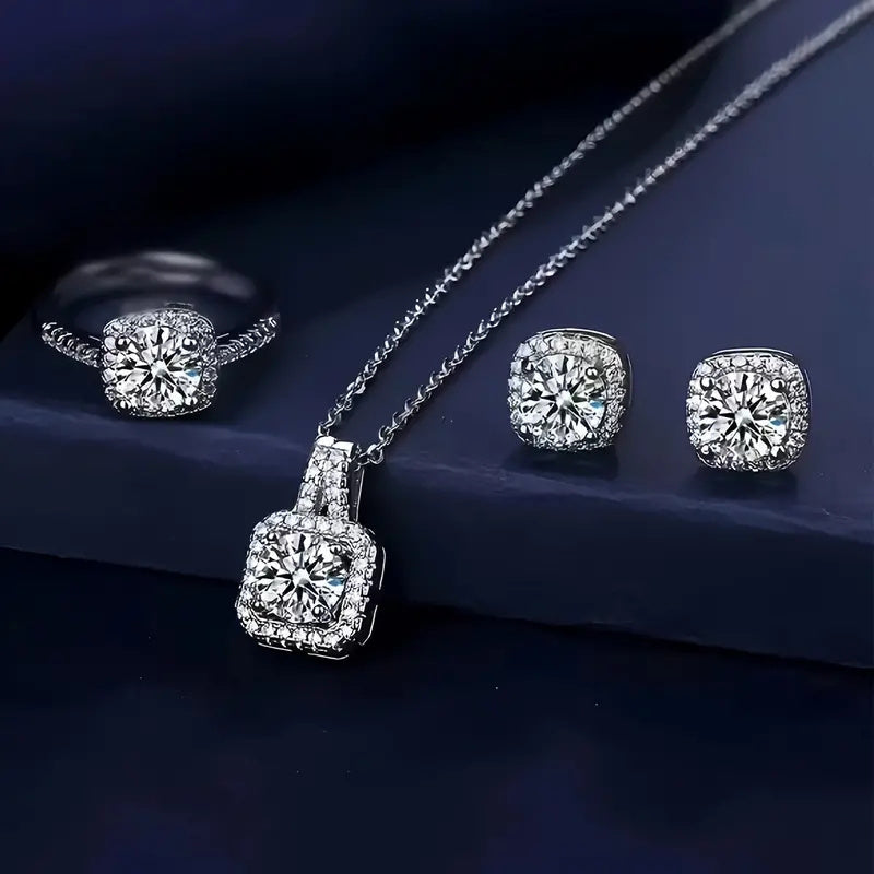 Elegant Square Cut Zirconia Jewelry Set Earrings Necklace Ring for Women Luxury Gift