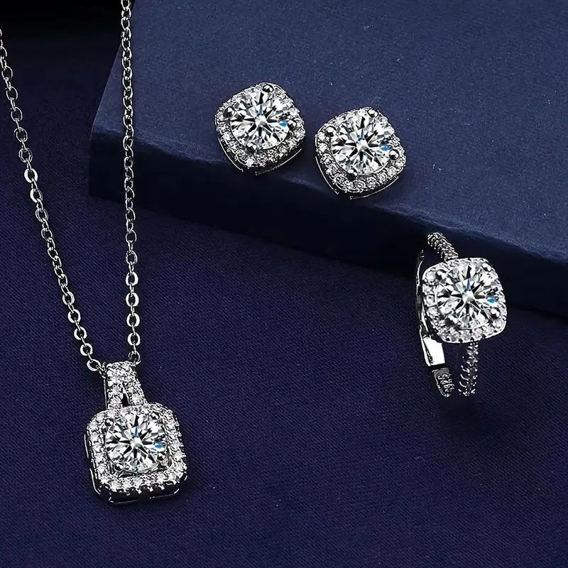 Elegant Square Cut Zirconia Jewelry Set Earrings Necklace Ring for Women Luxury Gift