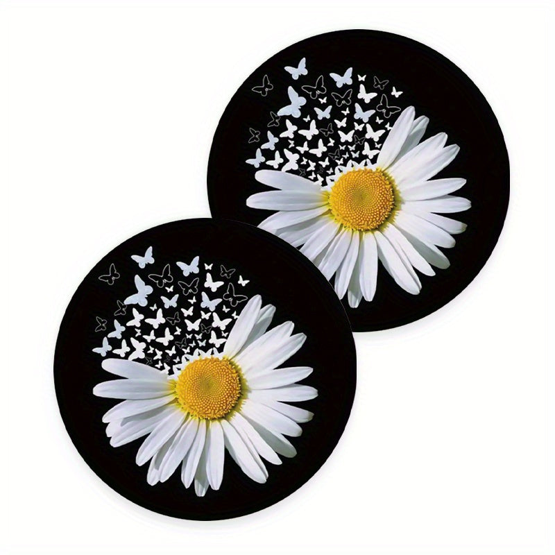 2 Pack White Daisy Butterfly Car Coasters EVA Material Water Cup Decor