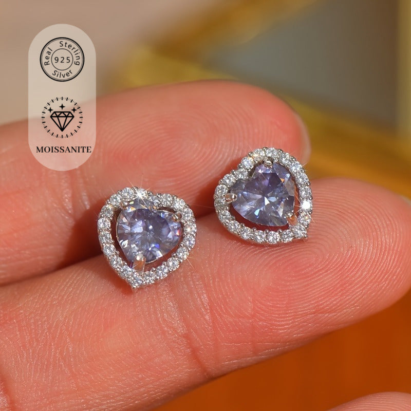 Purple Moissanite Heart Stud Earrings 1ct Hypoallergenic Silver Gift for Women