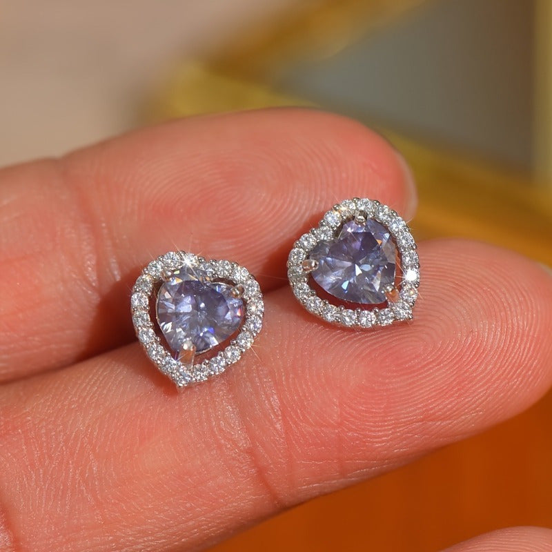 Purple Moissanite Heart Stud Earrings 1ct Hypoallergenic Silver Gift for Women