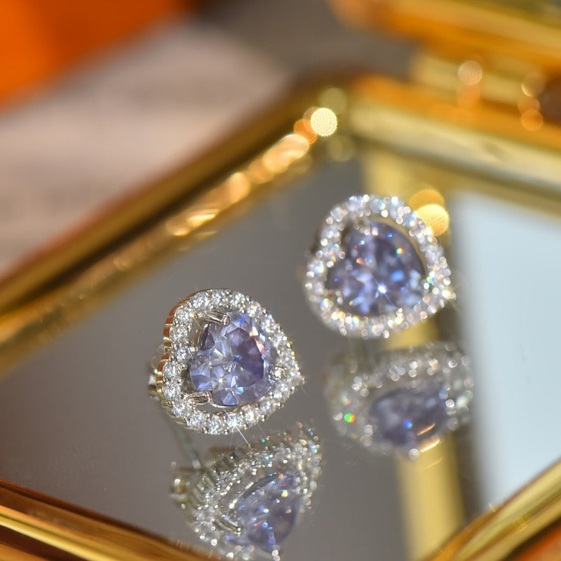 Purple Moissanite Heart Stud Earrings 1ct Hypoallergenic Silver Gift for Women