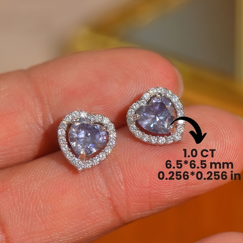Purple Moissanite Heart Stud Earrings 1ct Hypoallergenic Silver Gift for Women