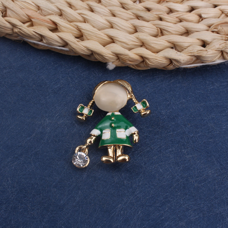 Green Rhinestone Lady Figurine Brooch for Women Jewelry Accessories