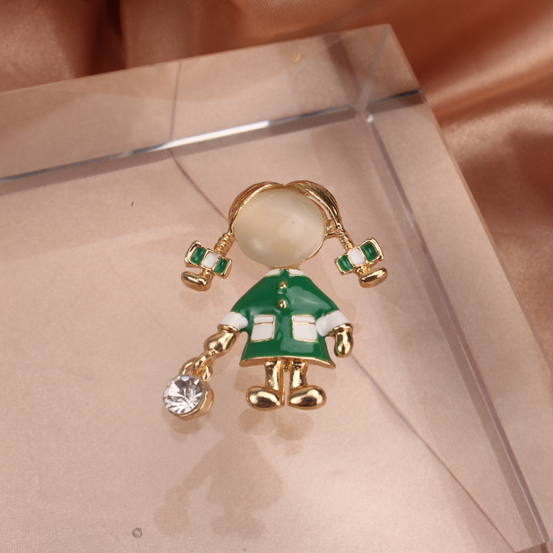 Green Rhinestone Lady Figurine Brooch for Women Jewelry Accessories