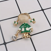 Green Rhinestone Lady Figurine Brooch for Women Jewelry Accessories