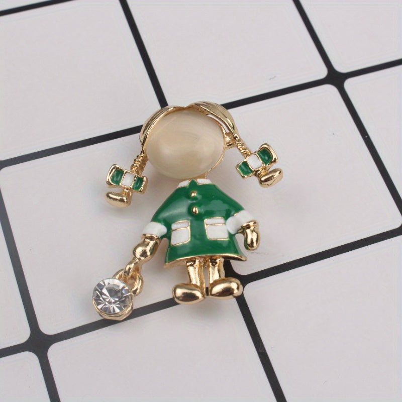Green Rhinestone Lady Figurine Brooch for Women Jewelry Accessories
