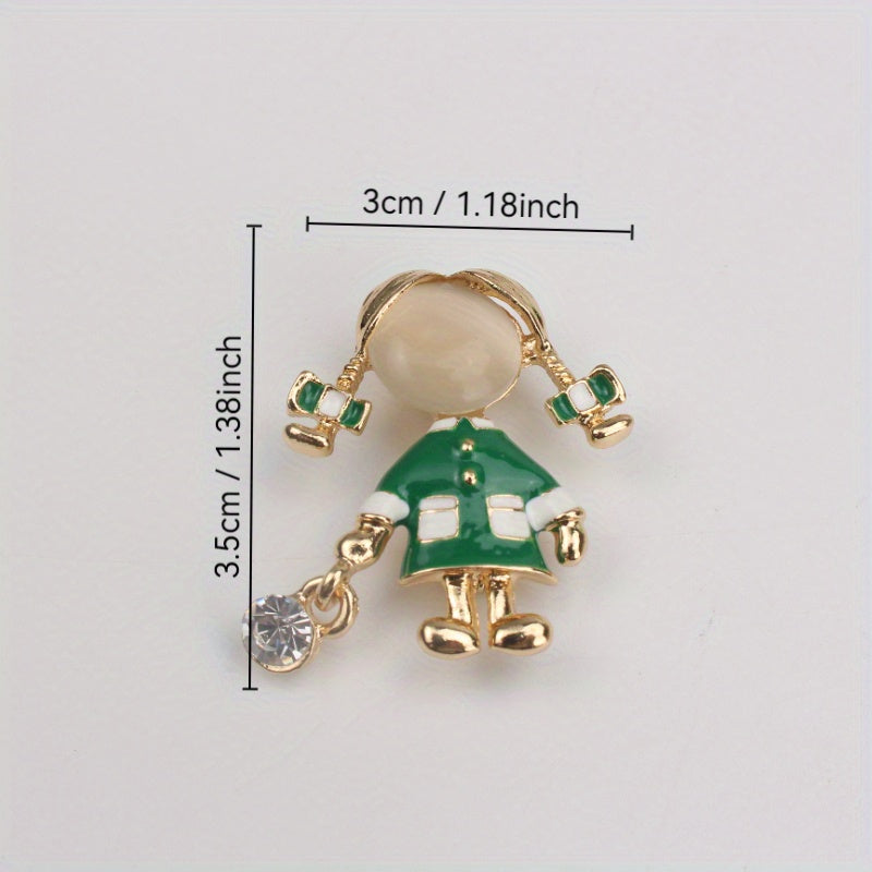 Green Rhinestone Lady Figurine Brooch for Women Jewelry Accessories